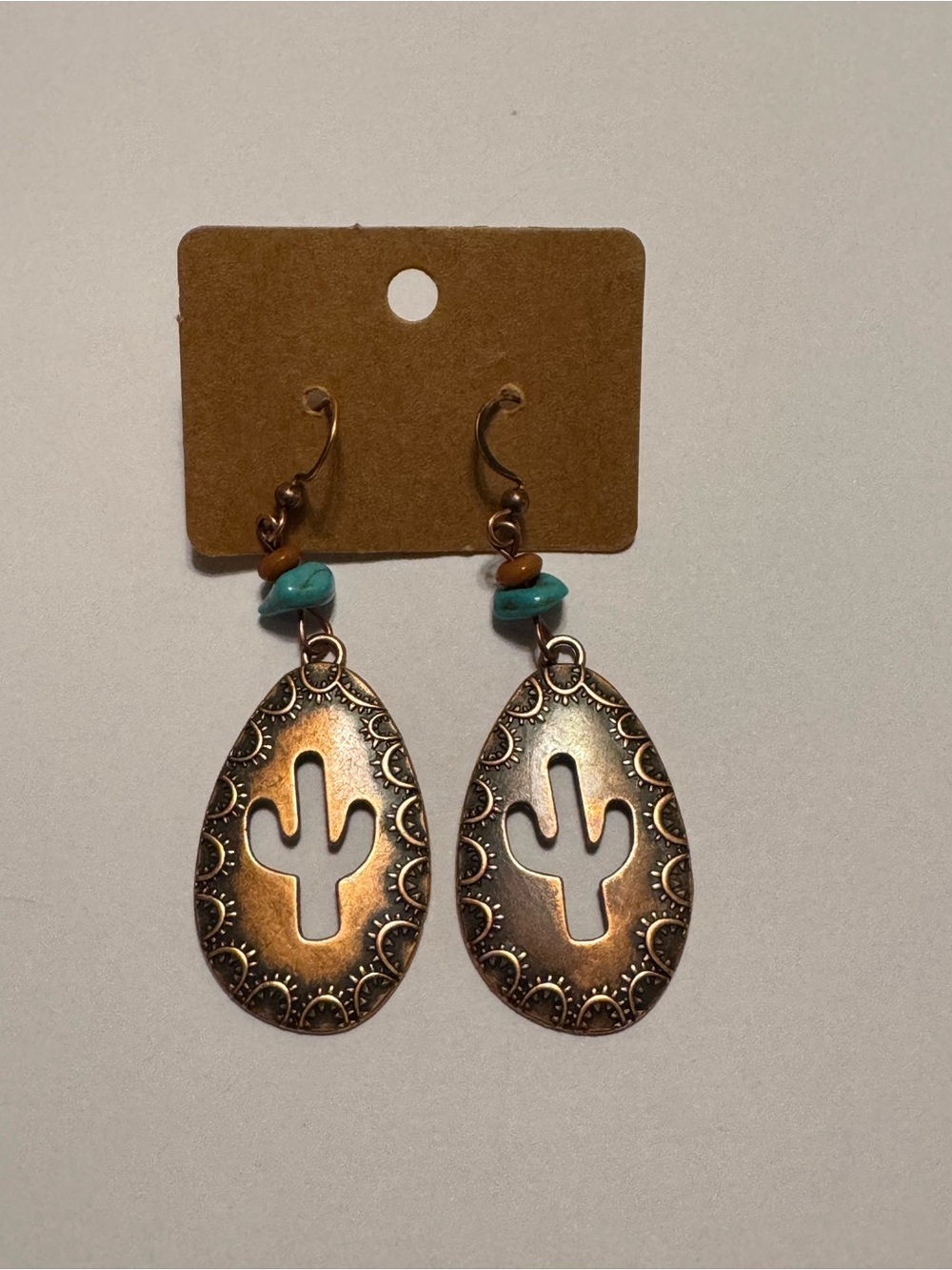 Country Western Cactus Desert Copper Tone Turquoise Drop Earrings